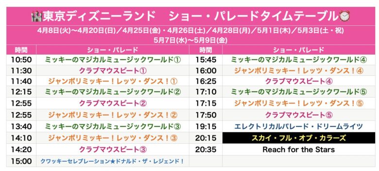 Tokyo Disneyland show & parade schedule April & May
