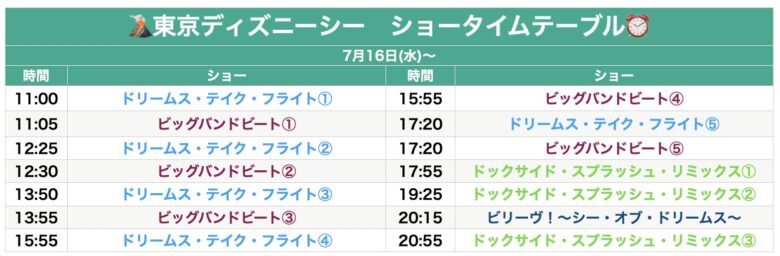 Tokyo Disneysea show schedule July