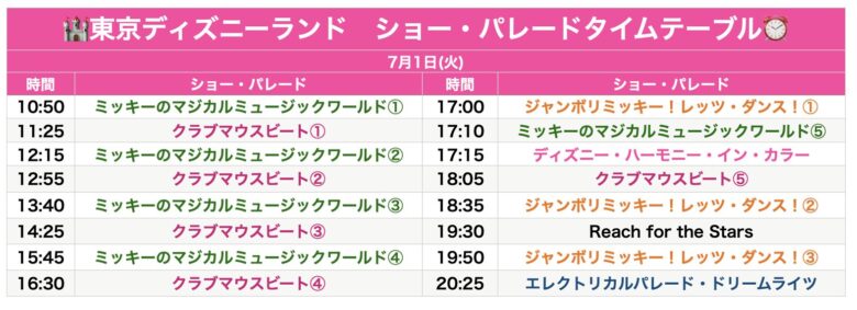 Tokyo Disneyland show & parade schedule July