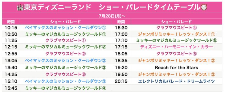Tokyo Disneyland show & parade schedule July