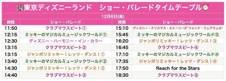 Tokyo Disneyland show & parade schedule December