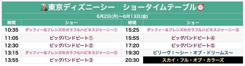Tokyo Disneysea show schedule May & June