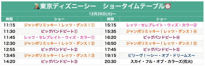 Tokyo Disneysea show schedule December