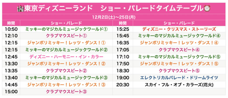 Tokyo Disneyland show & parade schedule December