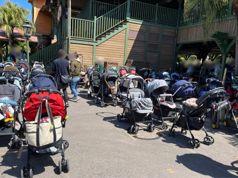 Strollers placed in front of the Western River Railway attraction at Tokyo Disneyland