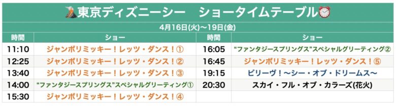 Tokyo Disneysea show schedule April