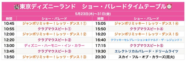 Tokyo Disneyland show & parade schedule May