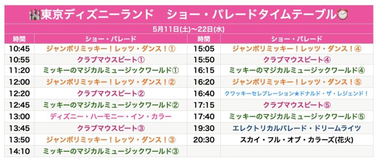 Tokyo Disneyland show & parade schedule May