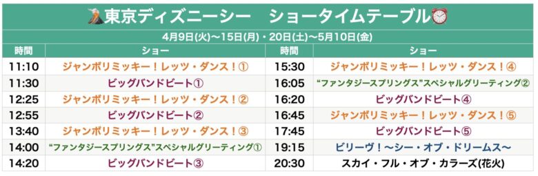 Tokyo Disneysea show schedule April & May