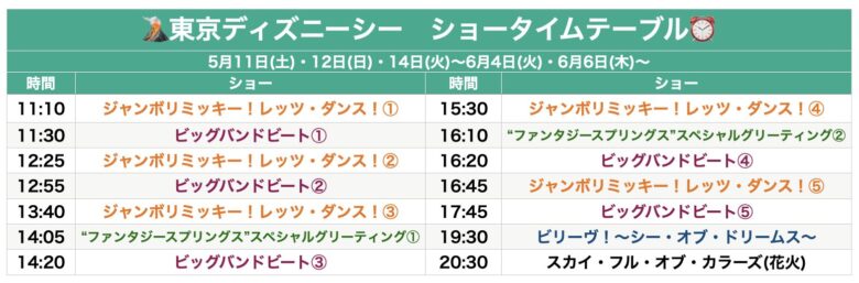 Tokyo Disneysea show schedule May & June