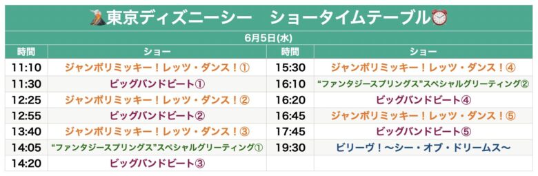 Tokyo Disneysea show schedule May & June