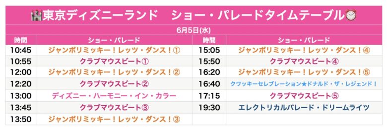 Tokyo Disneyland show & parade schedule June