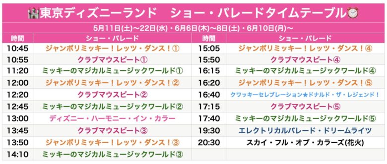 Tokyo Disneyland show & parade schedule May & June