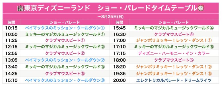 Tokyo Disneyland show & parade schedule July & August