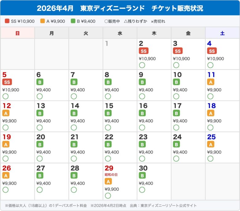 Tokyo Disneyland ticket calendar April 2026