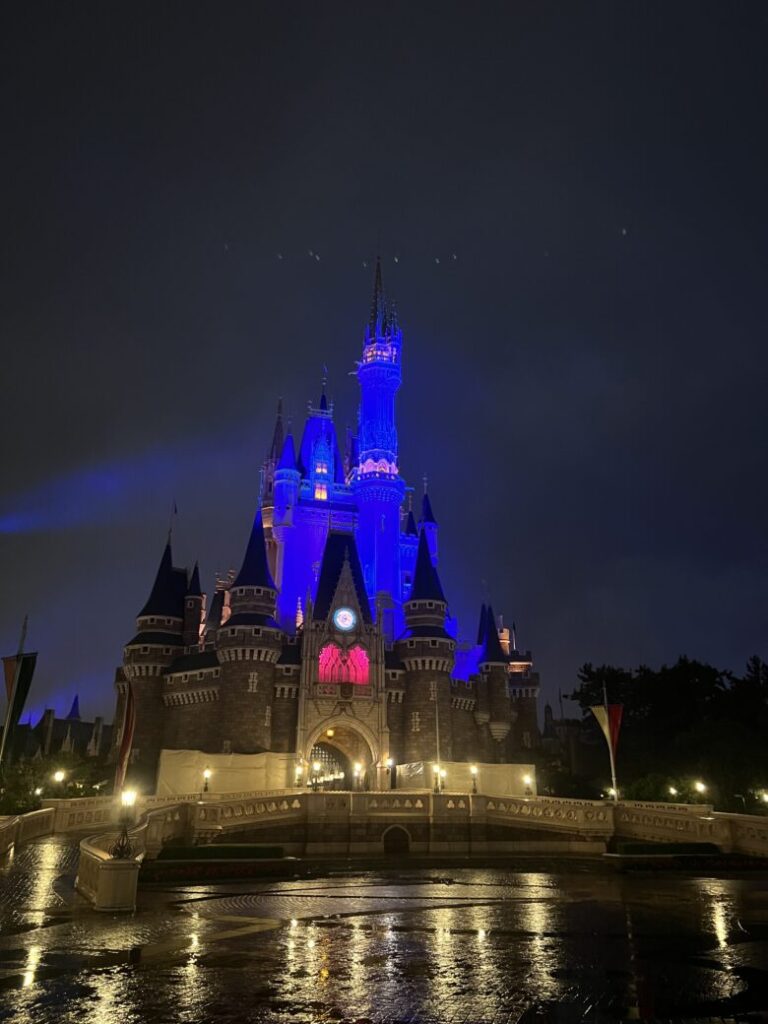夜にライトアップされた東京ディズニーランドのシンデレラ城