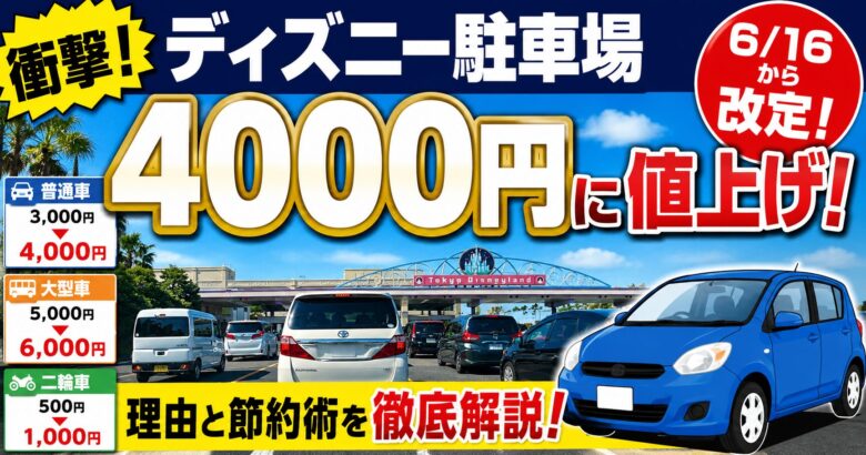 東京ディズニーリゾートの駐車料金が4000円に値上げされることを伝えるバナー画像