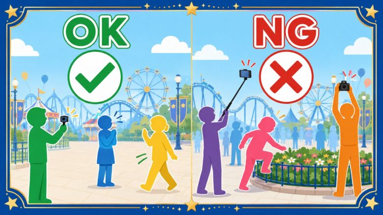 ディズニーでの撮影マナーのOK例とNG例を比較した図解