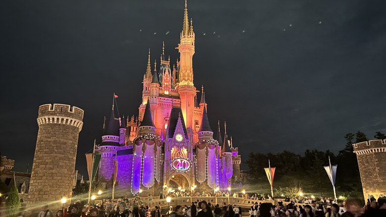 夜にライトアップされた東京ディズニーランドのシンデレラ城とショーを待つ大勢のゲスト