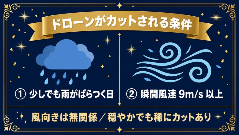 ドローン演出がカットされる条件（雨・瞬間風速9m/s以上）のまとめ図解