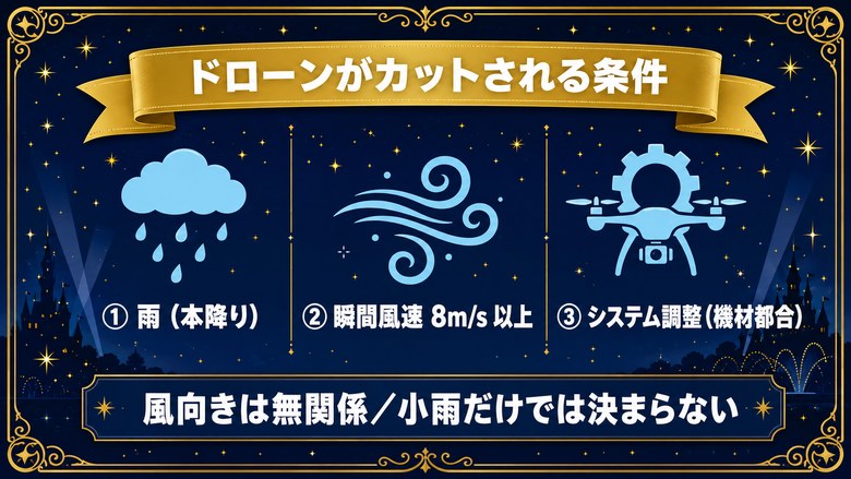 ドローン演出がカットされる条件（雨・瞬間風速8m/s以上・システム調整）のまとめ図解
