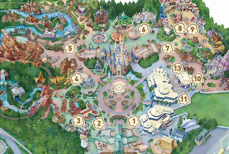 東京ディズニーランドのポップコーン販売場所マップ。番号1~11と13の計12か所
